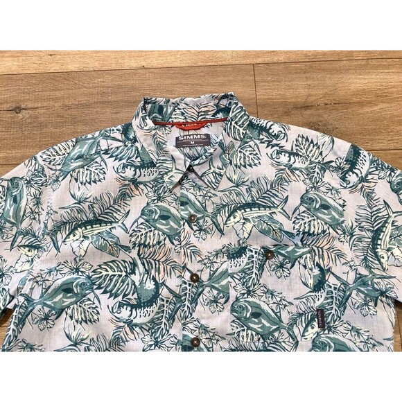 Simms Tailout Mens M Button Up Short Sleeve Fish Print Fishing Hawaiian Shirt - Picture 2 of 8